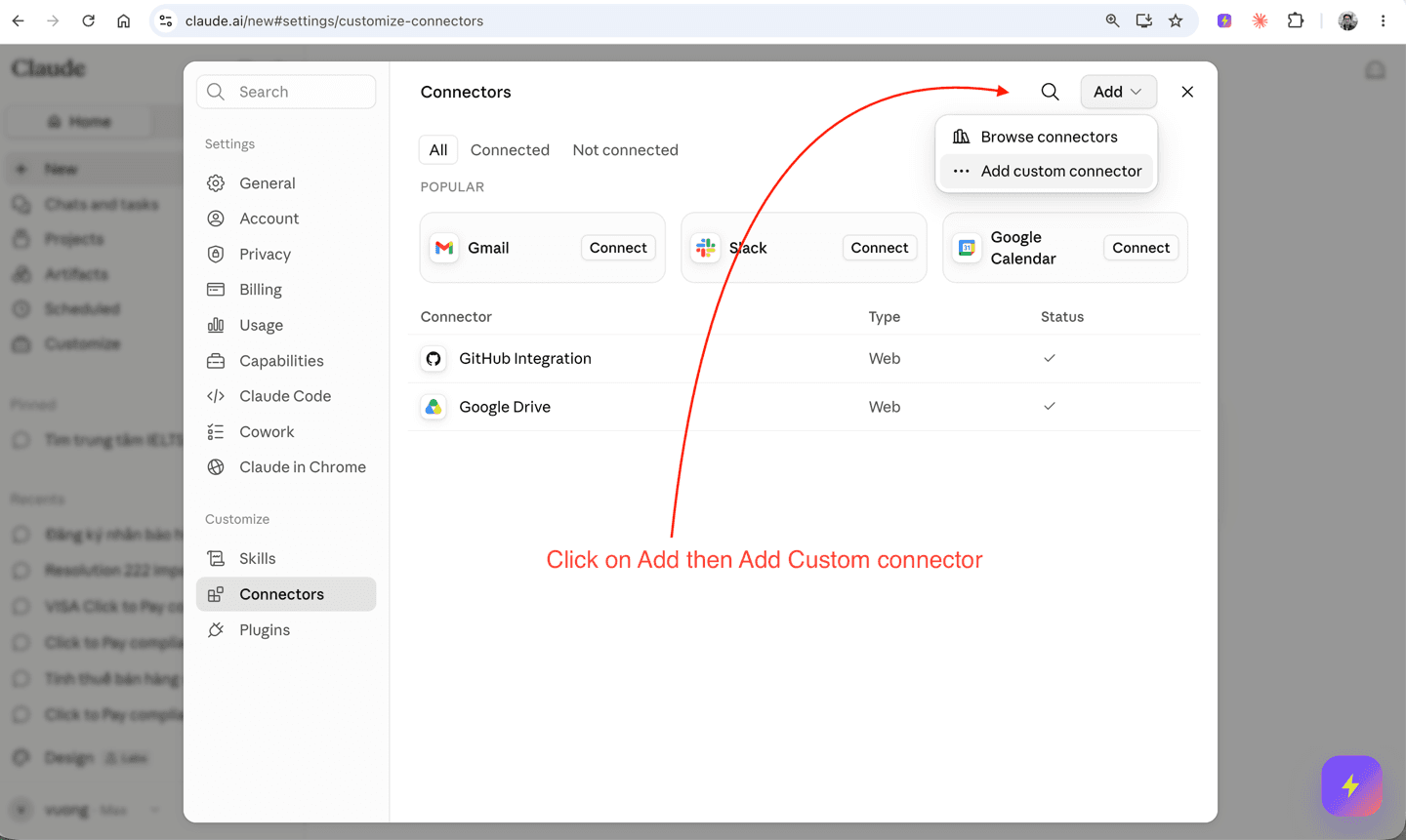 Trang Connectors với menu Add đang mở, hiển thị lựa chọn Add custom connector