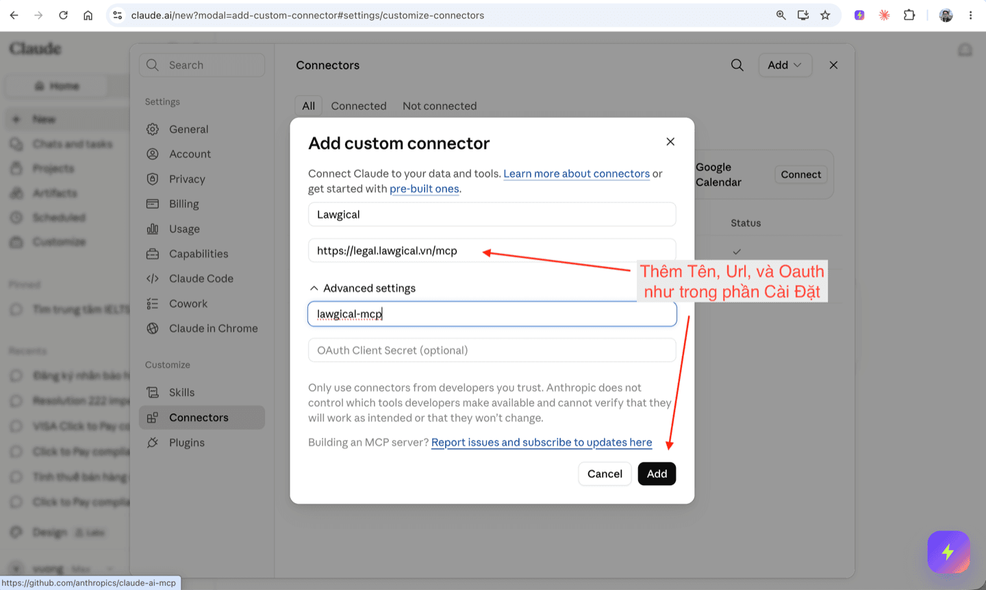 Hộp thoại Add custom connector đã điền Tên, Remote MCP server URL và OAuth Client ID trong Advanced settings