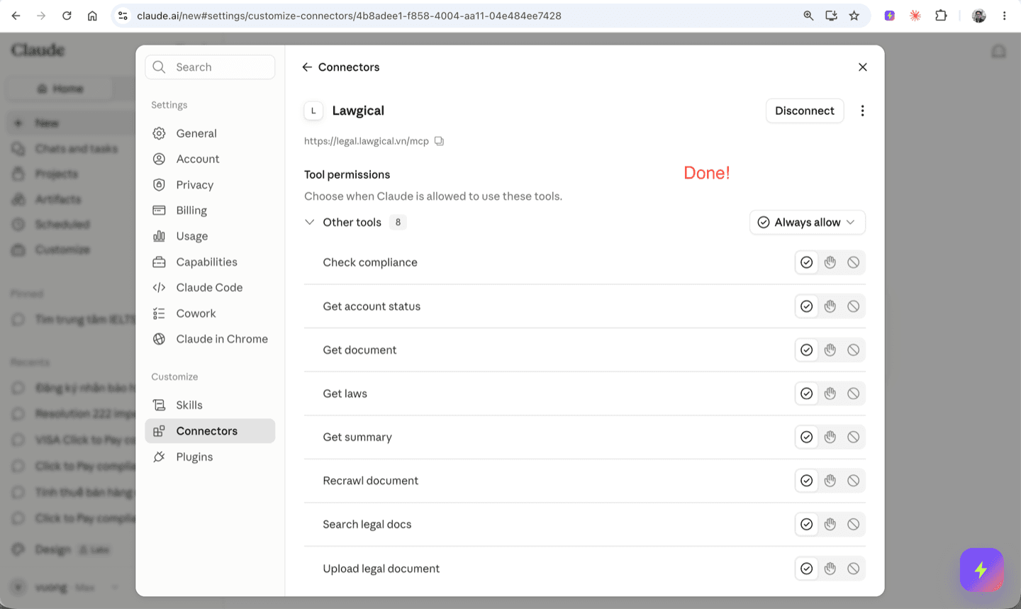 Connector Lawgical đã kết nối, mục Tool permissions liệt kê các công cụ của Lawgical